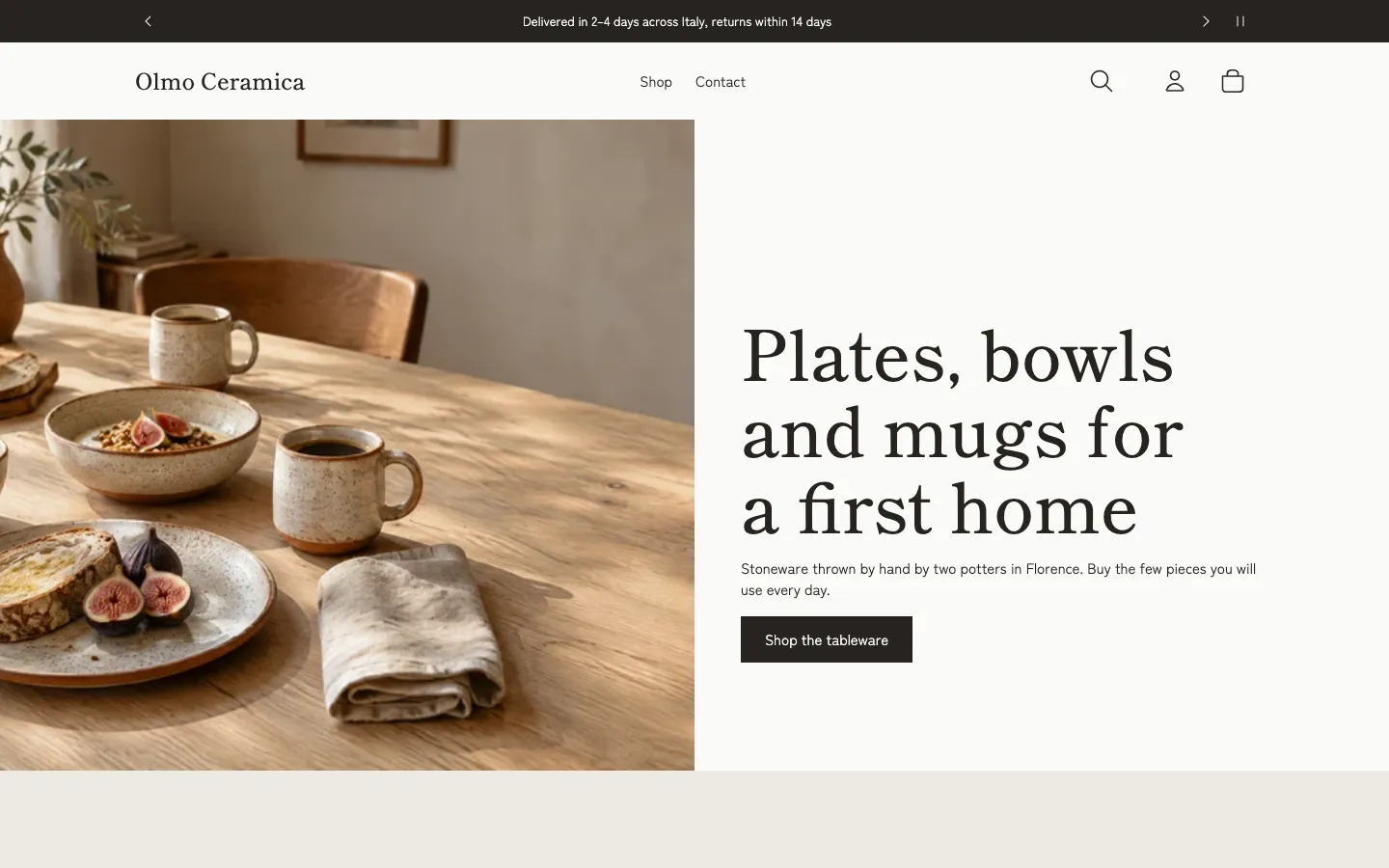 The Firing Log design: a split hero with the table photo on the left and a large serif heading, 'Plates, bowls and mugs for a first home', on white paper.