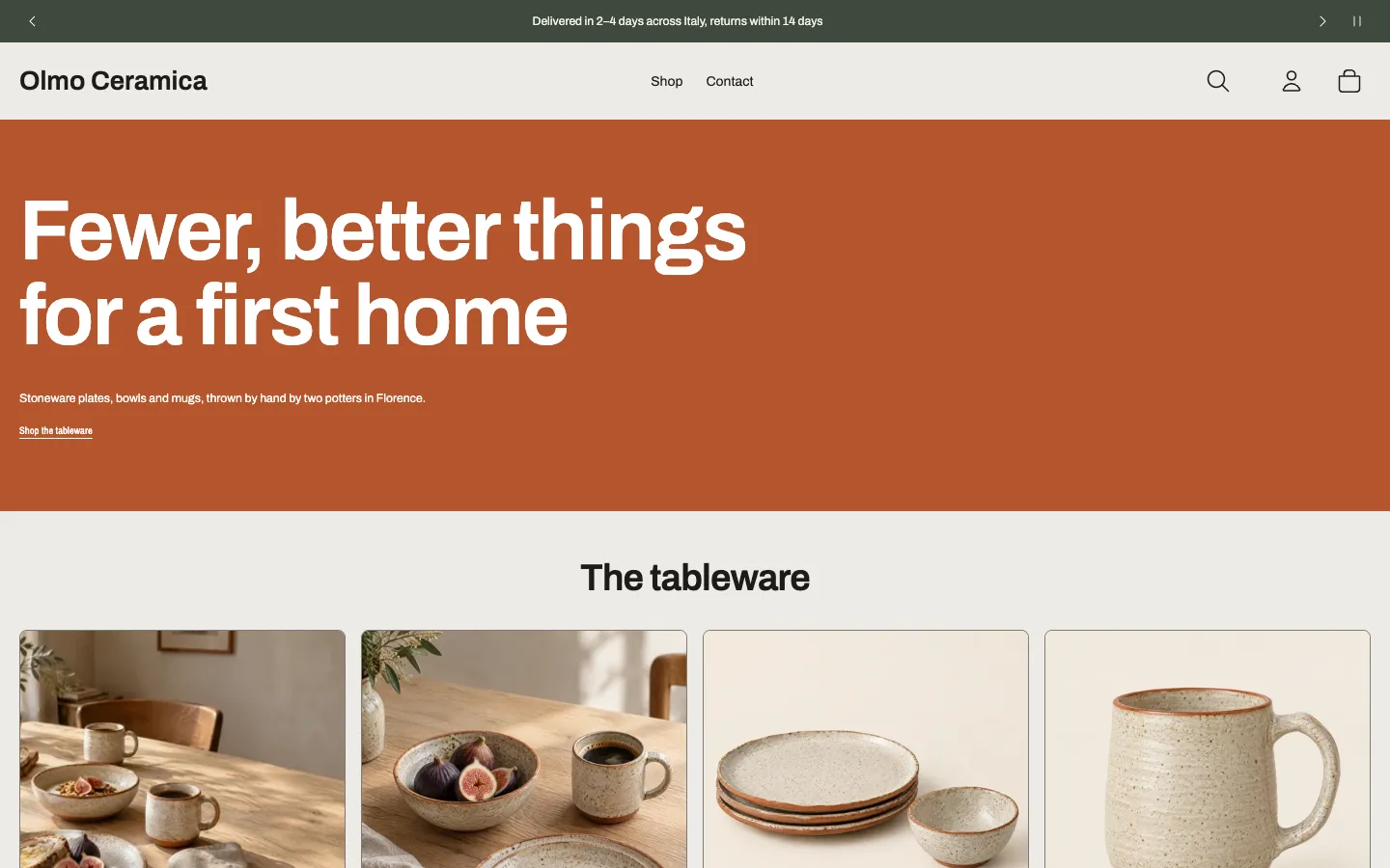 The Foot Stamp design: a terracotta band with a bold grotesk heading, 'Fewer, better things for a first home', over a grid of product cards.