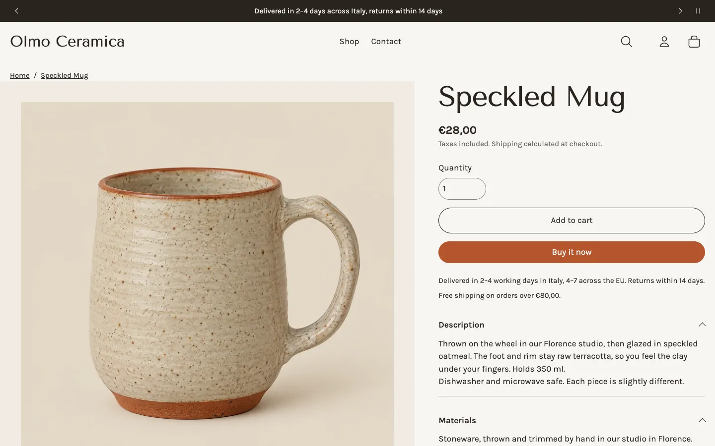 The Speckled Mug product page: the mug on a warm tint, the title, €28,00 with 'Taxes included', add to cart and buy it now buttons, a delivery note and the description.